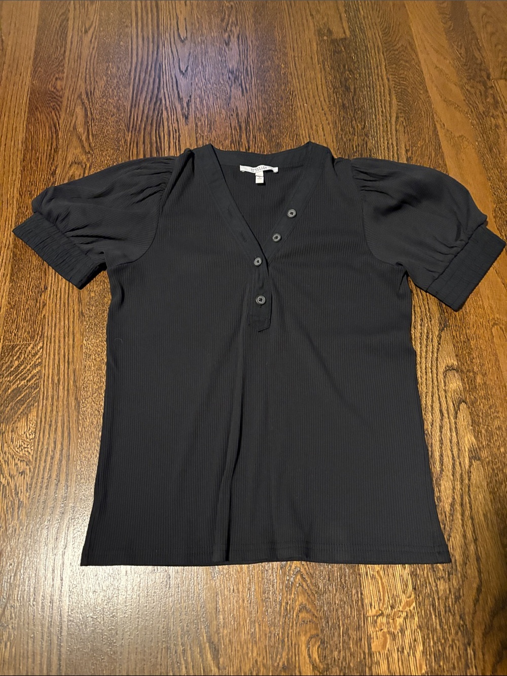 10 Crosby Derek Lam Black V‑Neck Ribbed Puff Sleeve Top